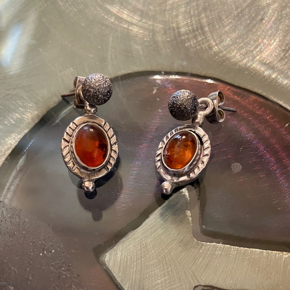 Silver And Amber Post Earrings